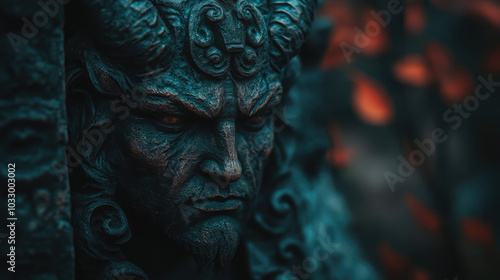 Crafted with detailed, Gothic carvings, the devil statue has a weathered, ancient finish that evokes centuries of history, standing imposingly against a moody, dark backdrop. photo