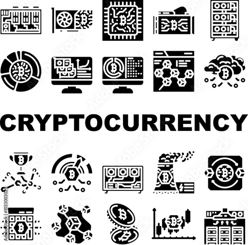 cryptocurrency mining wallet icons set vector. blockchain hashrate, gpu decentralized, consensus, proof, network, transaction cryptocurrency mining wallet glyph pictogram Illustrations photo