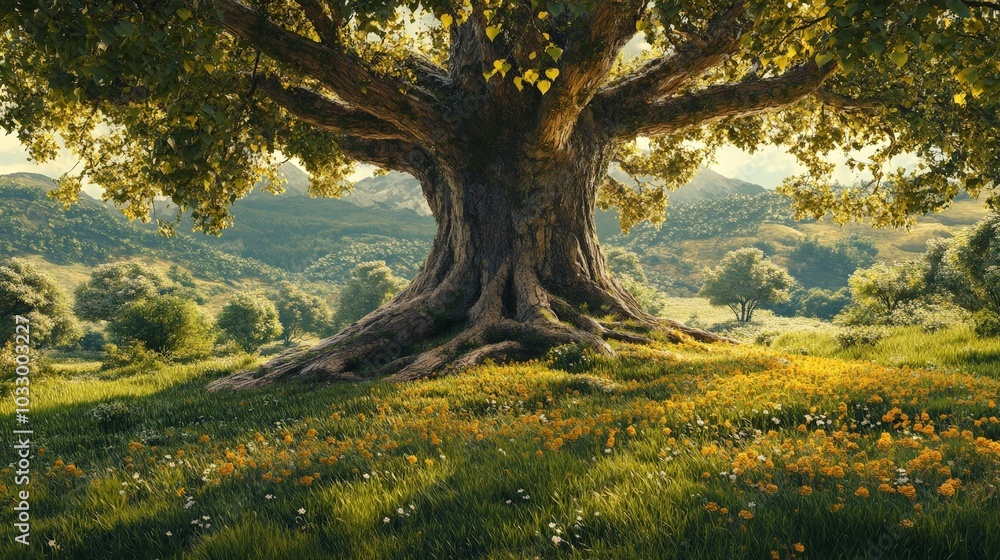 AI-generated giant ancient tree with roots sprawling across a grassy meadow, surrounded by smaller trees and flowers. AI-generated giant ancient tree with roots sprawling across a grassy meadow, surrounded by smaller trees and flowers.