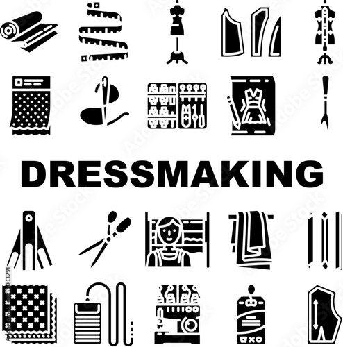 dressmaking fashion fabric sewing icons set vector. couture tailor, hemline silhouette, textile, embroidery draping, pleats, bodice dressmaking fashion fabric sewing glyph pictogram Illustrations