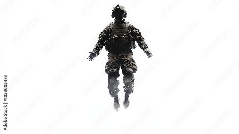 Hyperealistic Military Army Man Floating in Mid-Air - High-Quality Studio Product Photography Hyperealistic Military Army Man Floating in Mid-Air - High-Quality Studio Product Photography