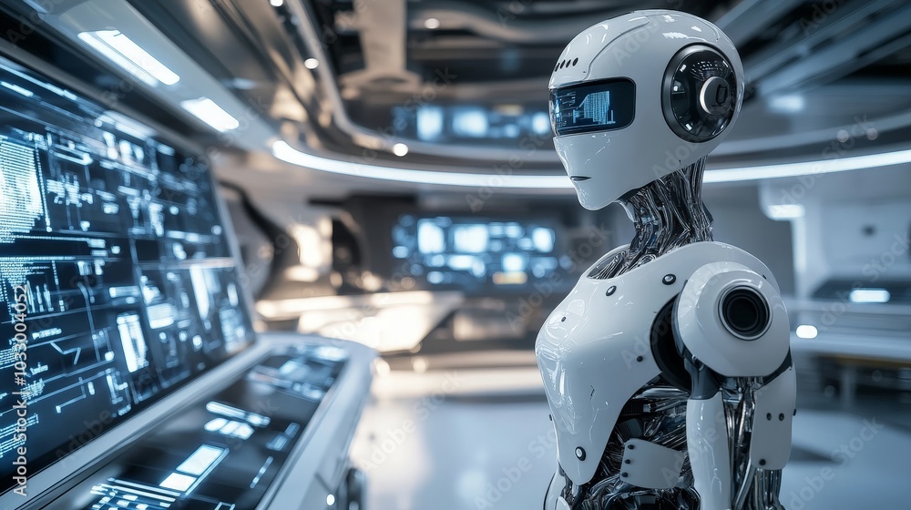 AI-rendered high-tech robot assistant, standing in a sleek futuristic room with digital screens and tech gadgets. AI-rendered high-tech robot assistant, standing in a sleek futuristic room with digital screens and tech gadgets.