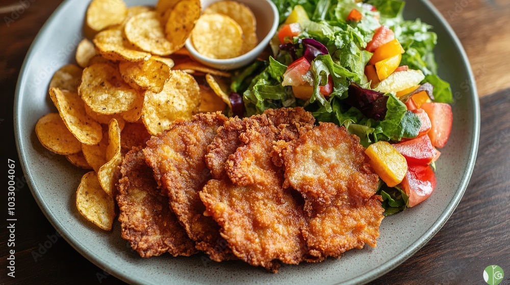 Fried Meat on Plate with Chips and Fresh Salad Fried Meat on Plate with Chips and Fresh Salad