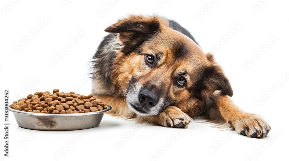 Cute dog near bowl with food on white background. Cute dog near bowl with food on white background.