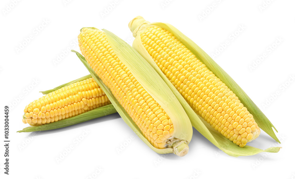 Corncobs with green husks isolated on white