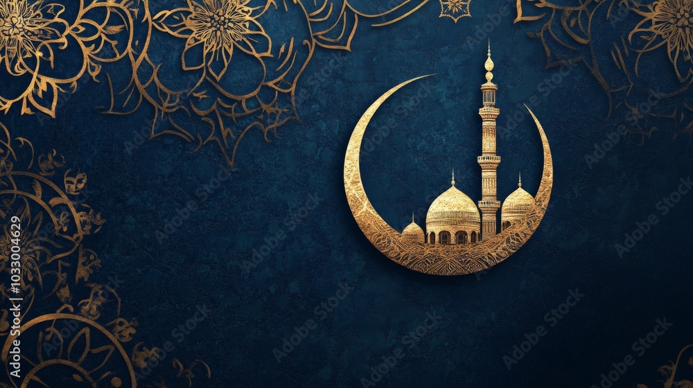 Naklejka premium Crescent Moon and Mosque Illustration.