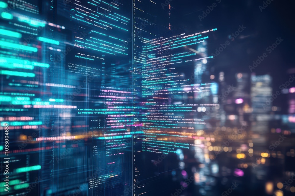 Obraz premium Virtual database, floating code screens, futuristic city skyline, neon lighting