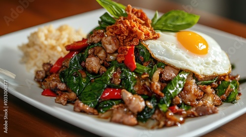 Stir Fried Basil Dish with Egg and Crispy Toppings