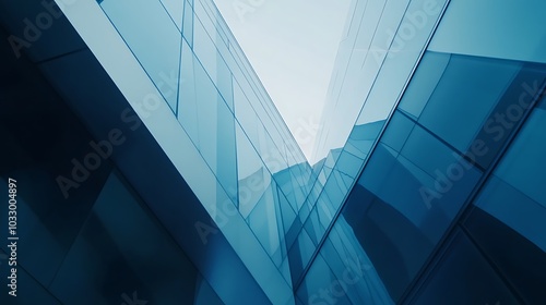 Low angle view of a modern glass building with blue tinted windows.