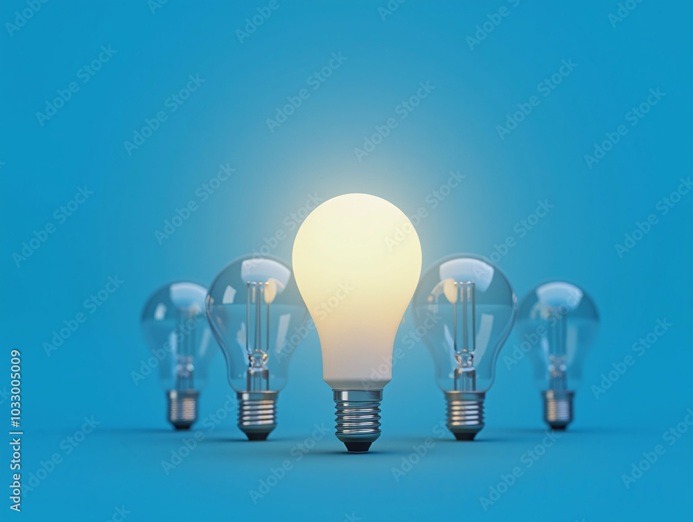 Five bulbs on a blue background and one of them is glowing Five bulbs on a blue background and one of them is glowing