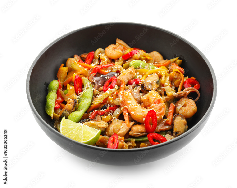 Stir-fry sea food in bowl isolated on white Stir-fry sea food in bowl isolated on white