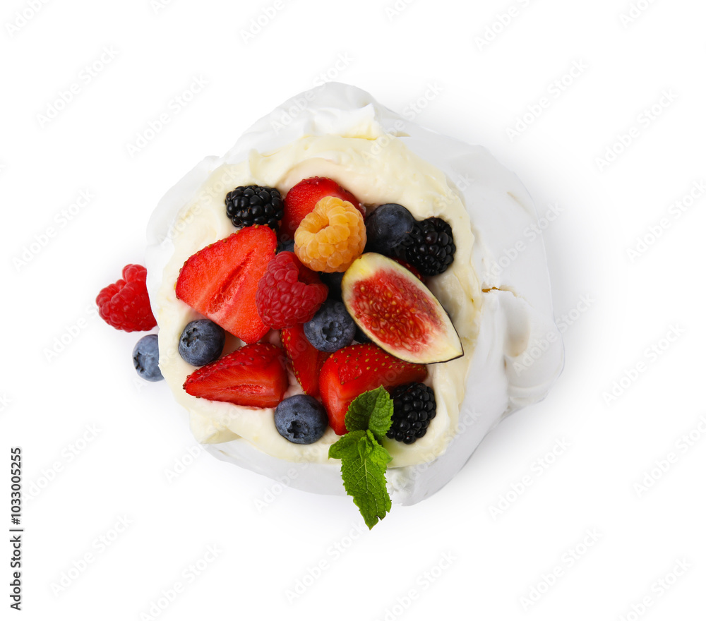 Pavlova cake (meringue dessert) with whipped cream, fresh berries, mint and fig isolated on white, top view Pavlova cake (meringue dessert) with whipped cream, fresh berries, mint and fig isolated on white, top view