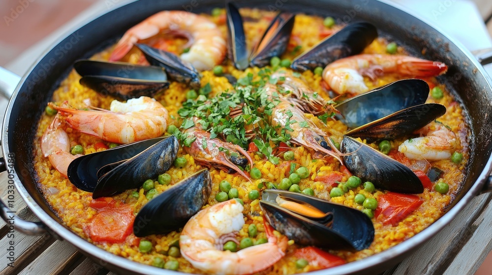 Colorful Seafood Dish in a Pan on a Wooden Surface Colorful Seafood Dish in a Pan on a Wooden Surface