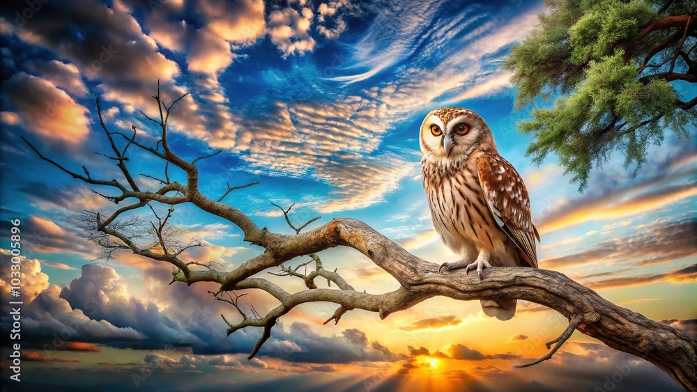 Surreal Owl Perched on a Tree Under a Dreamy Blue Sky with Expansive Copyspace for Creative Use Surreal Owl Perched on a Tree Under a Dreamy Blue Sky with Expansive Copyspace for Creative Use