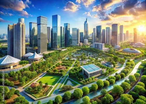 Sustainable Urban Planning Concept with Drone Photography, Smart Cities, Green Architecture, AI-Driven Design, and Eco-Friendly Infrastructure in Vibrant Urban Landscapes #1033006235