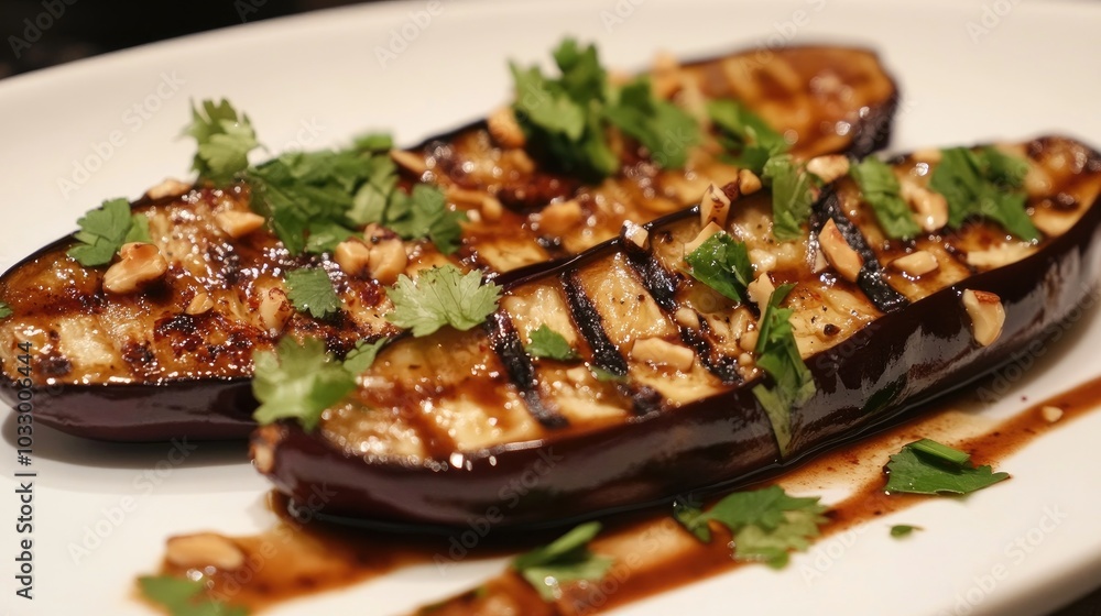 Gourmet Appetizer Close-Up of Grilled Eggplant Gourmet Appetizer Close-Up of Grilled Eggplant