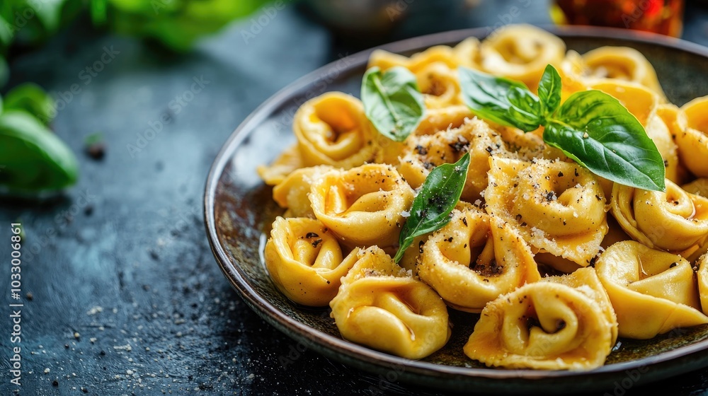 Close-Up of Golden Brown Tortellini with Fresh Basil Close-Up of Golden Brown Tortellini with Fresh Basil