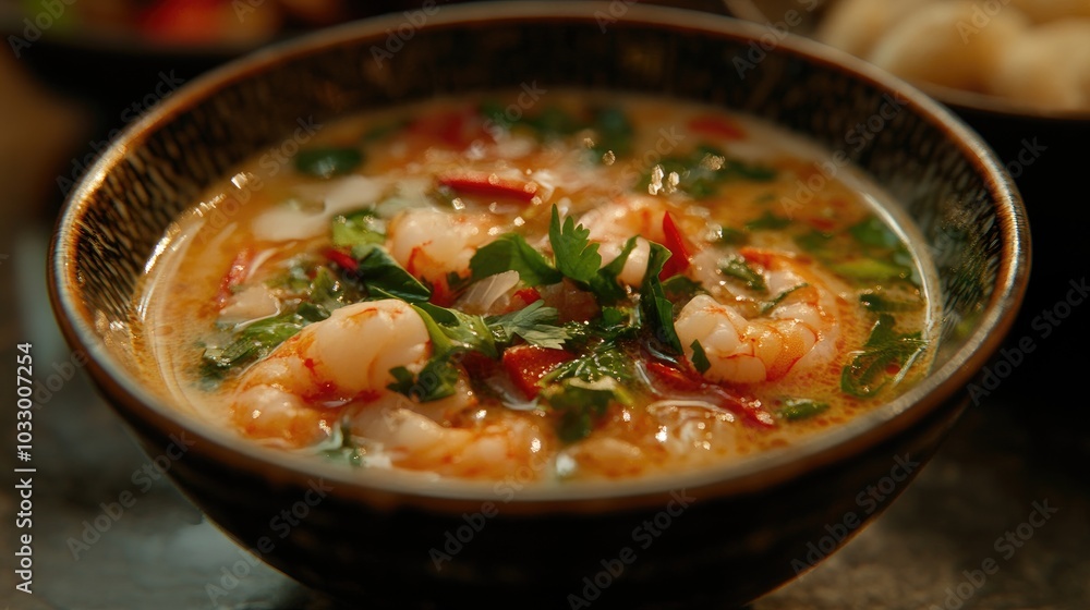 Close-Up of Delicious Shrimp Soup in Bowl Close-Up of Delicious Shrimp Soup in Bowl