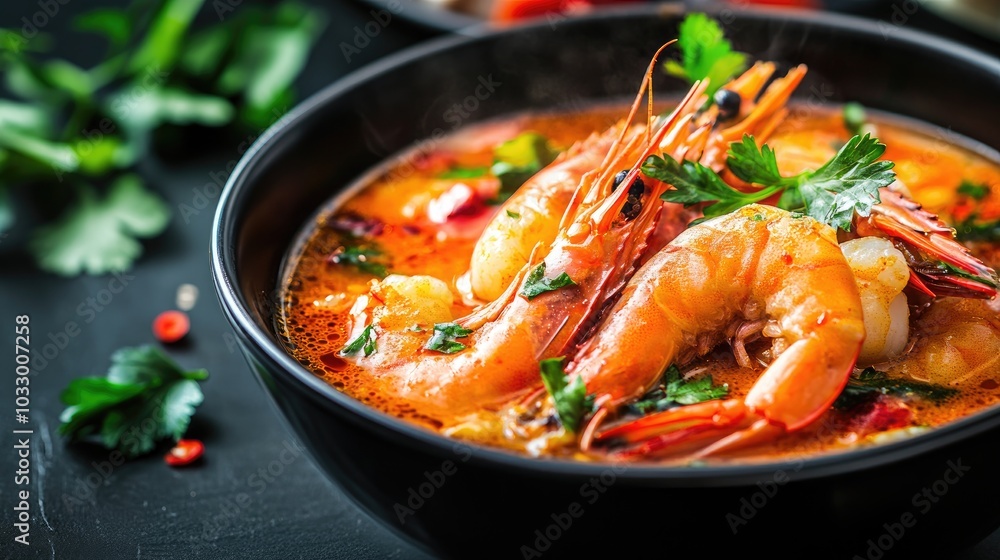 Shrimp Soup in Black Bowl with Fresh Herbs Shrimp Soup in Black Bowl with Fresh Herbs