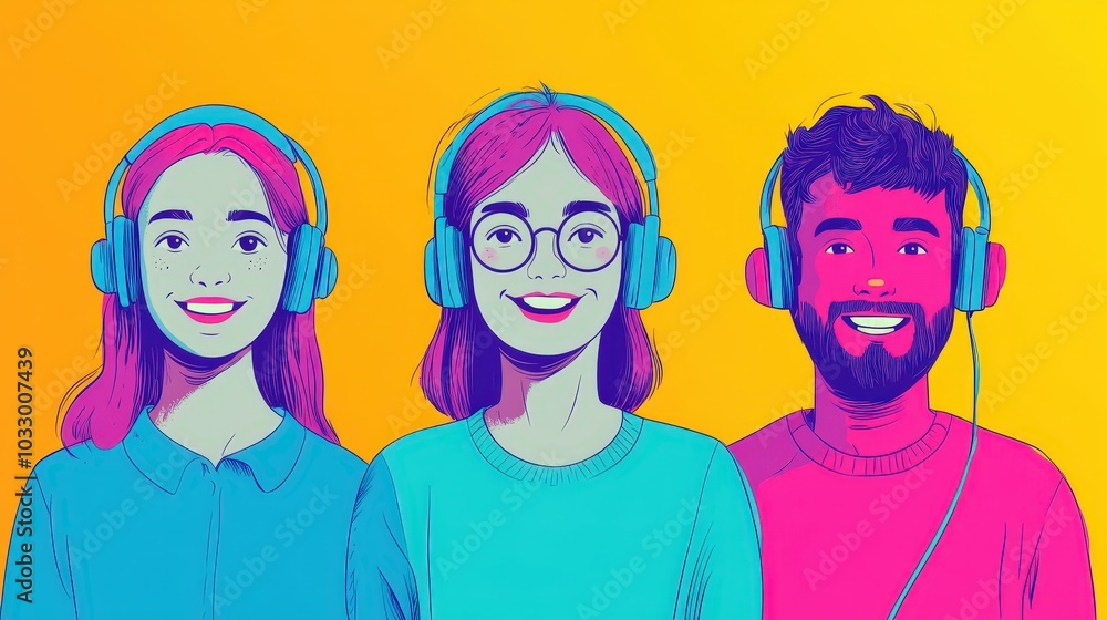 Fototapeta premium Vibrant Online Interview: Playful Minimalist Illustration with Bold Colors and Comic Style Lines