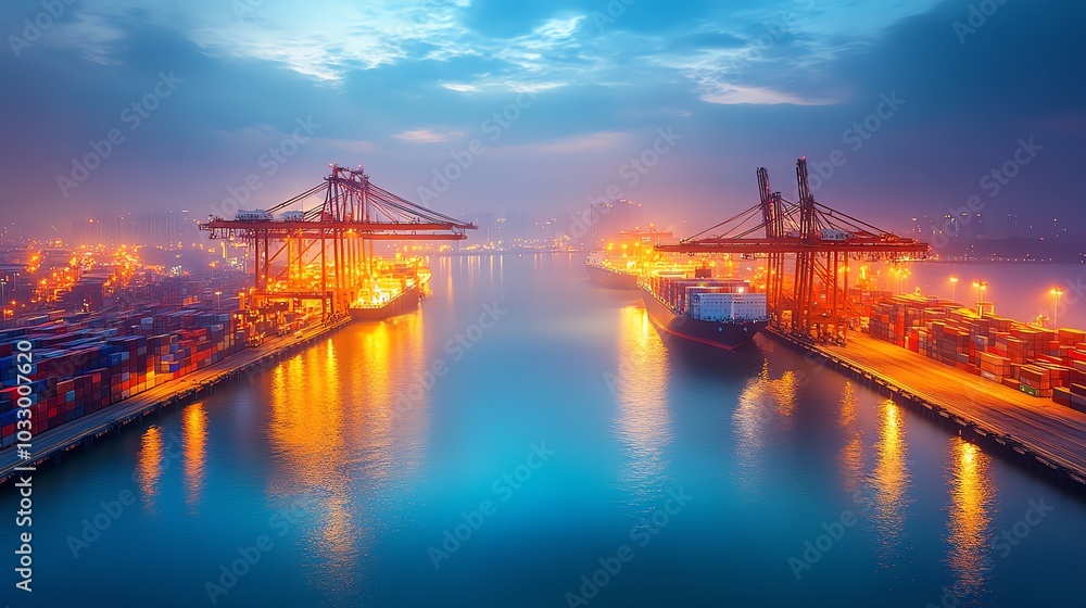 Fototapeta premium A busy harbor at dusk, with cargo ships and cranes loading and unloading containers.