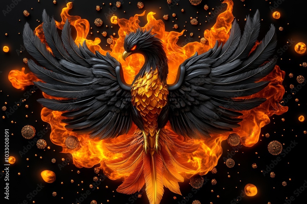 Obraz premium Realistic phoenix rising from flames, with intricate feather details and vibrant fire effects