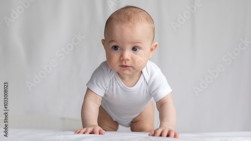 Baby is crawling on a white surface