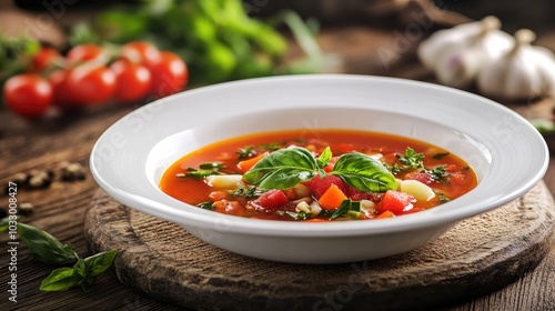 Fresh Italian Minestrone Soup in a White Bowl