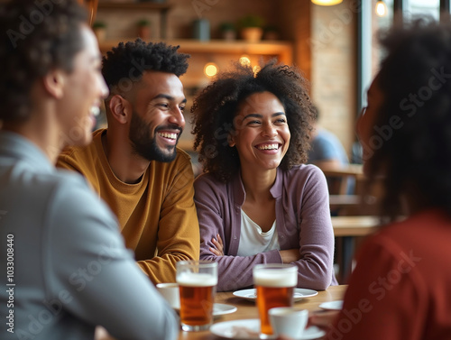 Happy multiracial friends group laugh drink tea in cafe