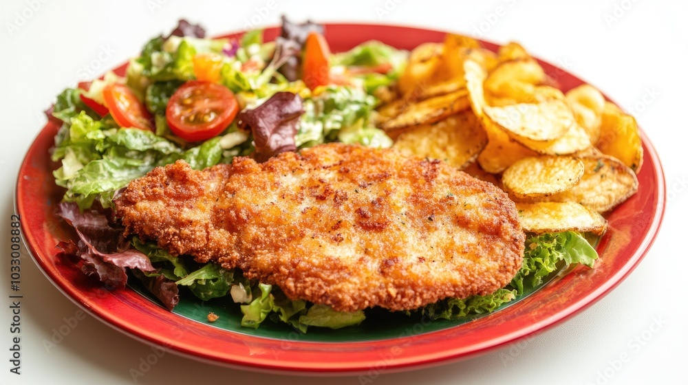 Crispy Fried Meat Cutlet with Vibrant Salad and Chips Crispy Fried Meat Cutlet with Vibrant Salad and Chips