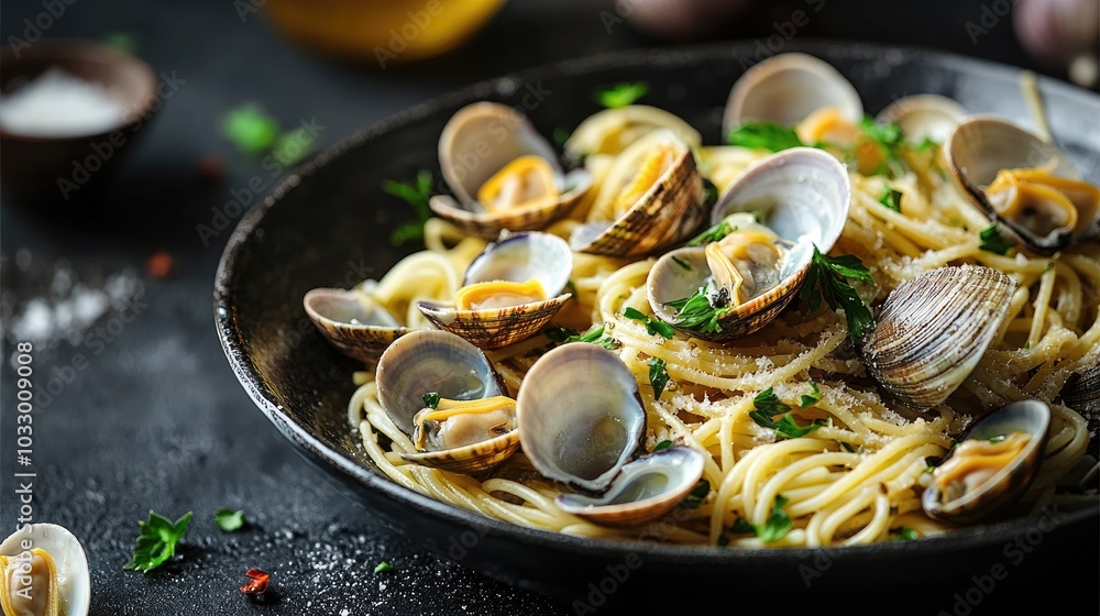 Fresh Spaghetti with Clams and Parsley Garnish Fresh Spaghetti with Clams and Parsley Garnish