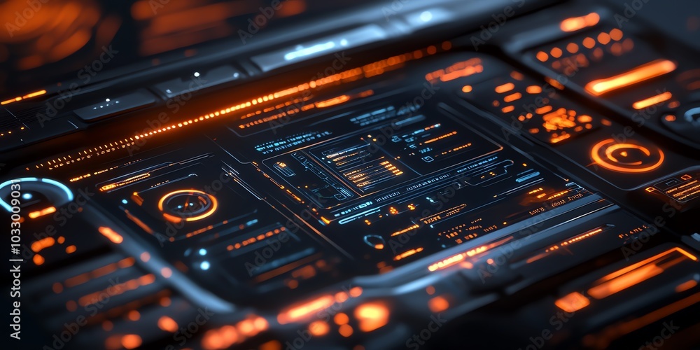 Futuristic digital interface with glowing orange and blue lights. Futuristic digital interface with glowing orange and blue lights.