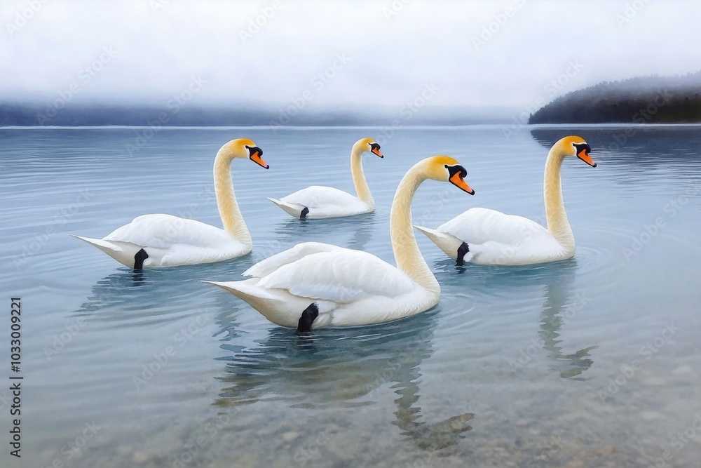 Fototapeta premium Soft watercolor painting of swans on a lake, with pastel blues and whites blending softly