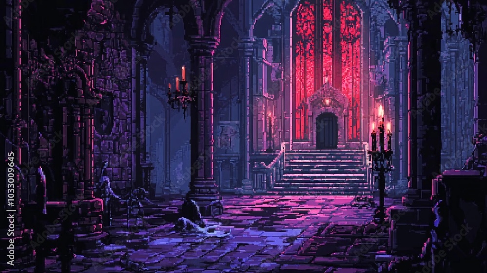 A 2D Pixel Art Horror Game Level Gothic Cathedral Interior with Dark Atmosphere and Red Stained Glass in Retro Aesthetic A 2D Pixel Art Horror Game Level Gothic Cathedral Interior with Dark Atmosphere and Red Stained Glass in Retro Aesthetic