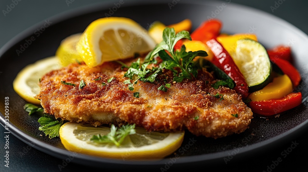 Dynamic Perspective of Cotoletta alla Milanese Dish Dynamic Perspective of Cotoletta alla Milanese Dish