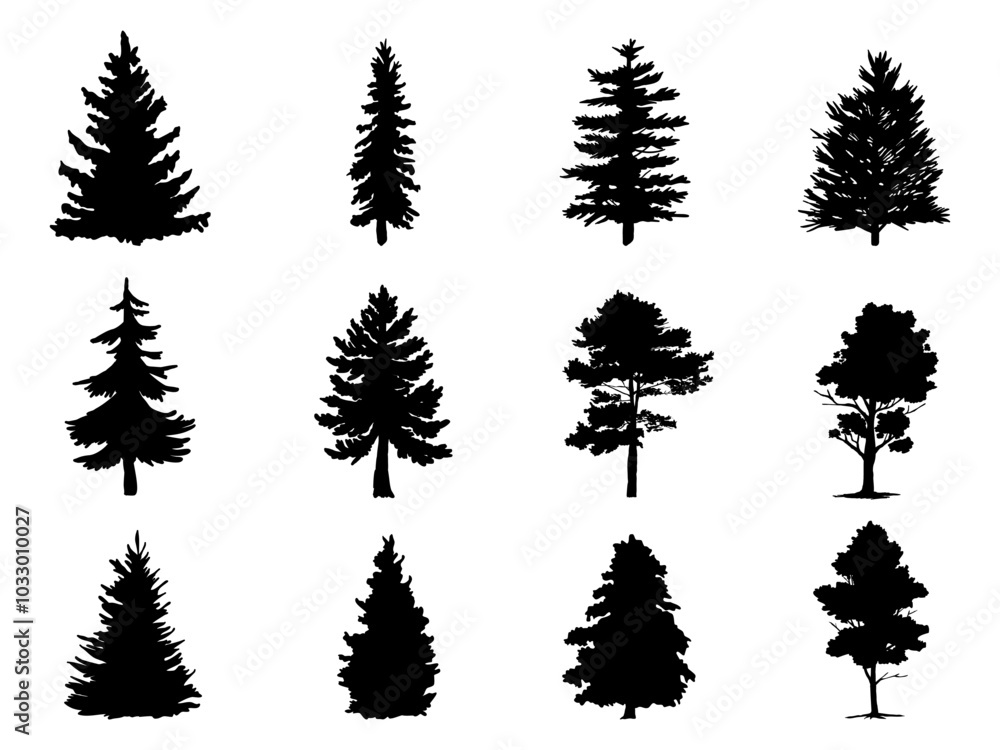 Obraz premium Black Branch Tree or Naked trees silhouettes set. Hand drawn isolated illustrations.
