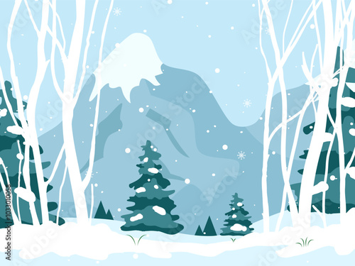 Nature trees forest background and snowing for winter season concept. Hand drawn isolated illustrations.