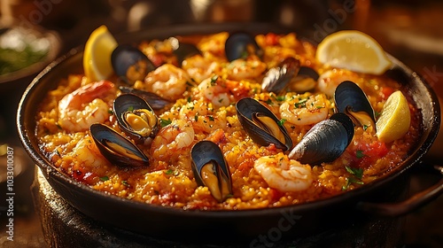 A close-up shot of a delicious seafood paella with shrimp, mussels, and lemon wedges.