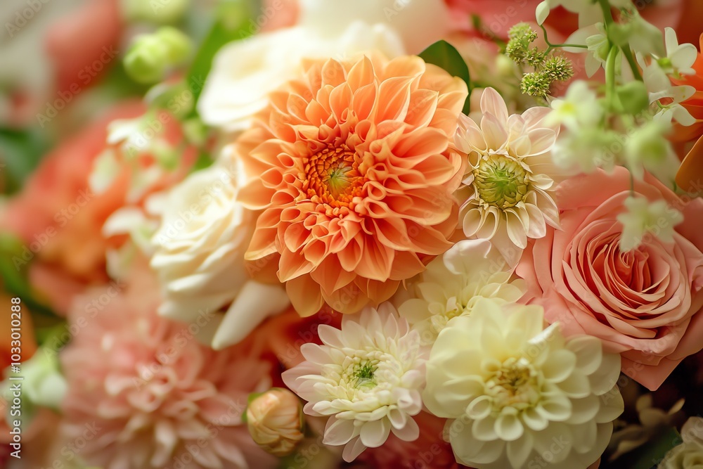 Close-up of a vibrant flower arrangement with peach, white, and cream flowers. Close-up of a vibrant flower arrangement with peach, white, and cream flowers.