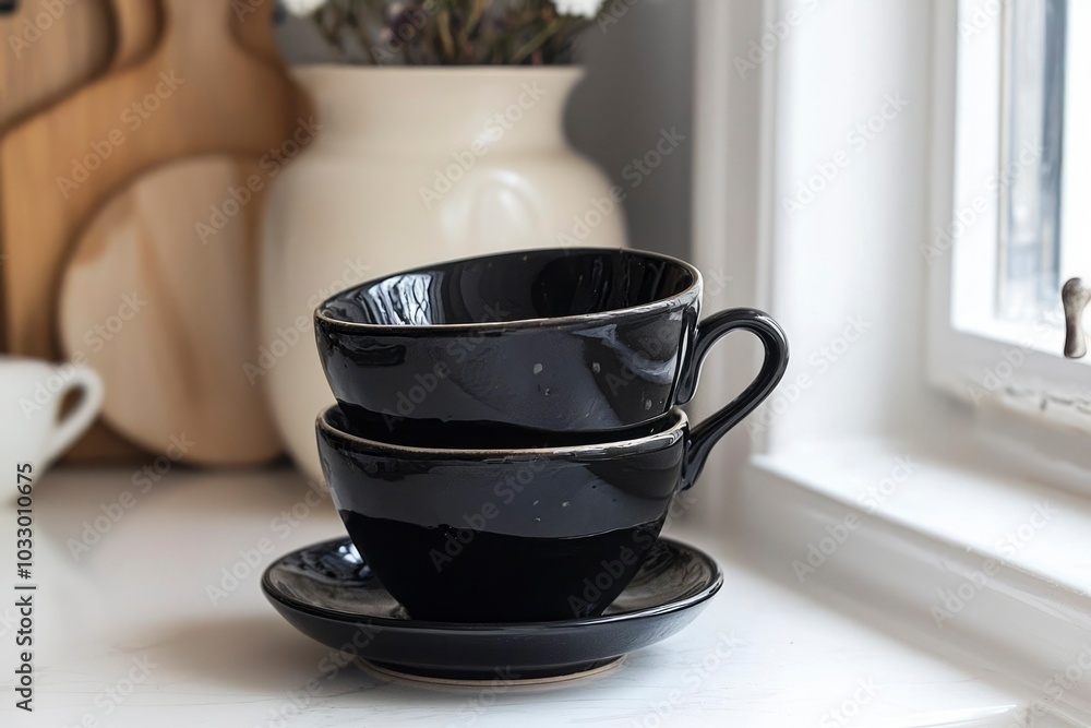Two Black Coffee Cups with a Saucer on a Countertop Two Black Coffee Cups with a Saucer on a Countertop