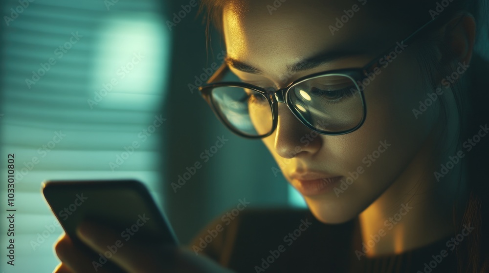 Contemplative Woman Texting on Smartphone at Night Contemplative Woman Texting on Smartphone at Night