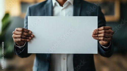 African Businessman Leading Presentation with Empty Sign Plate in Meeting Room, Soft Glowing Background for Corporate Concept