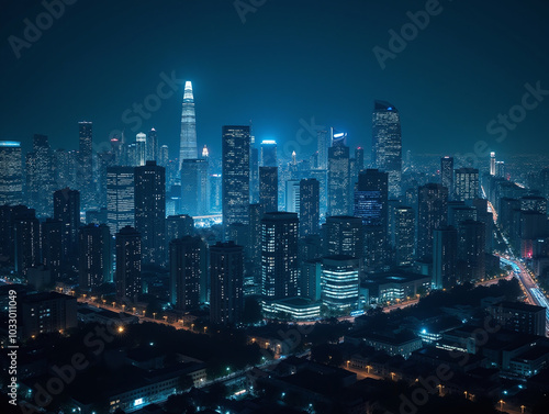 Nighttime view of a technologically advanced city with sleek, illuminated skyscrapers. Premium background for the latest technology needs