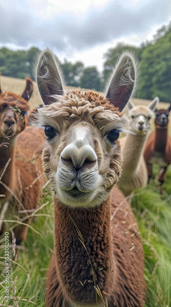 Obraz premium Curious alpaca in a field on a sunny day