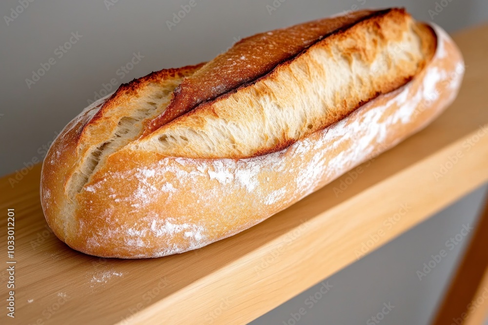 A detailed shot of a fresh baguette with flour dust resting on a wooden shelf A detailed shot of a fresh baguette with flour dust resting on a wooden shelf