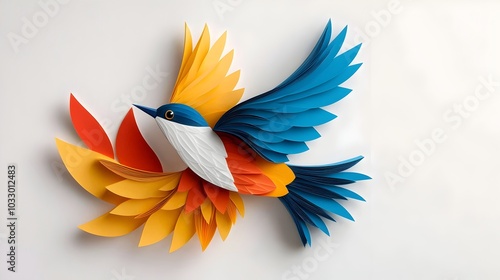 Striking Paper Cut Abstract Bird in Flight with Bold Layered Colors and Angular Geometric Wings  Dynamic Minimalist Papercraft Inspired Digital Art photo