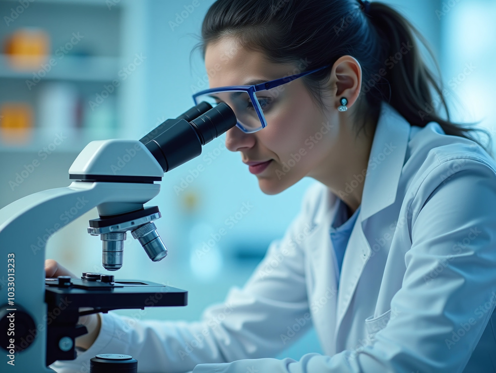 Science, microscope and innovation with a woman in a laboratory for medical research or experiment. Healthcare, medicine and a young indian engineer working in a lab for pharmaceutical development Science, microscope and innovation with a woman in a laboratory for medical research or experiment. Healthcare, medicine and a young indian engineer working in a lab for pharmaceutical development