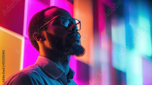 Futuristic African Businessman Presenting to Colleagues in Vibrant Holographic Style
