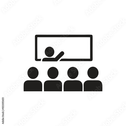 Lecture icon, Teacher at chalkboard icon, Students Teacher Classroom Vector Icon