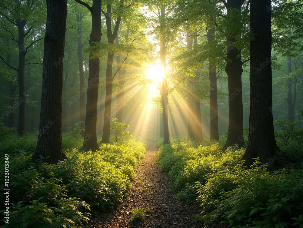 Serene Sunlit Forest with Lush Green Undergrowth Peaceful Woodland Landscape Serene Sunlit Forest with Lush Green Undergrowth Peaceful Woodland Landscape